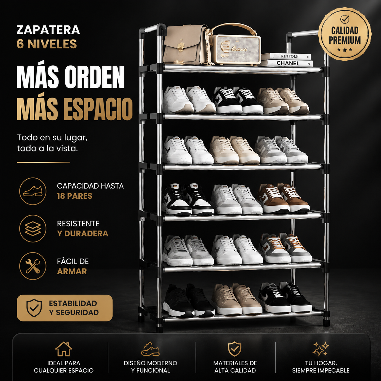 Zapateras multifuncional  6 Niveles  Negro